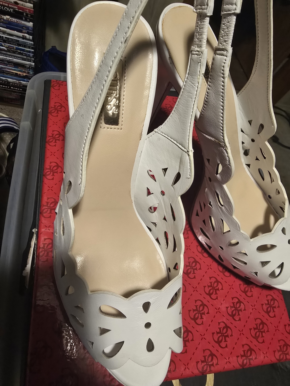 Guess by Marciano White Laser-Cut Peep-Toe Slingback Heels